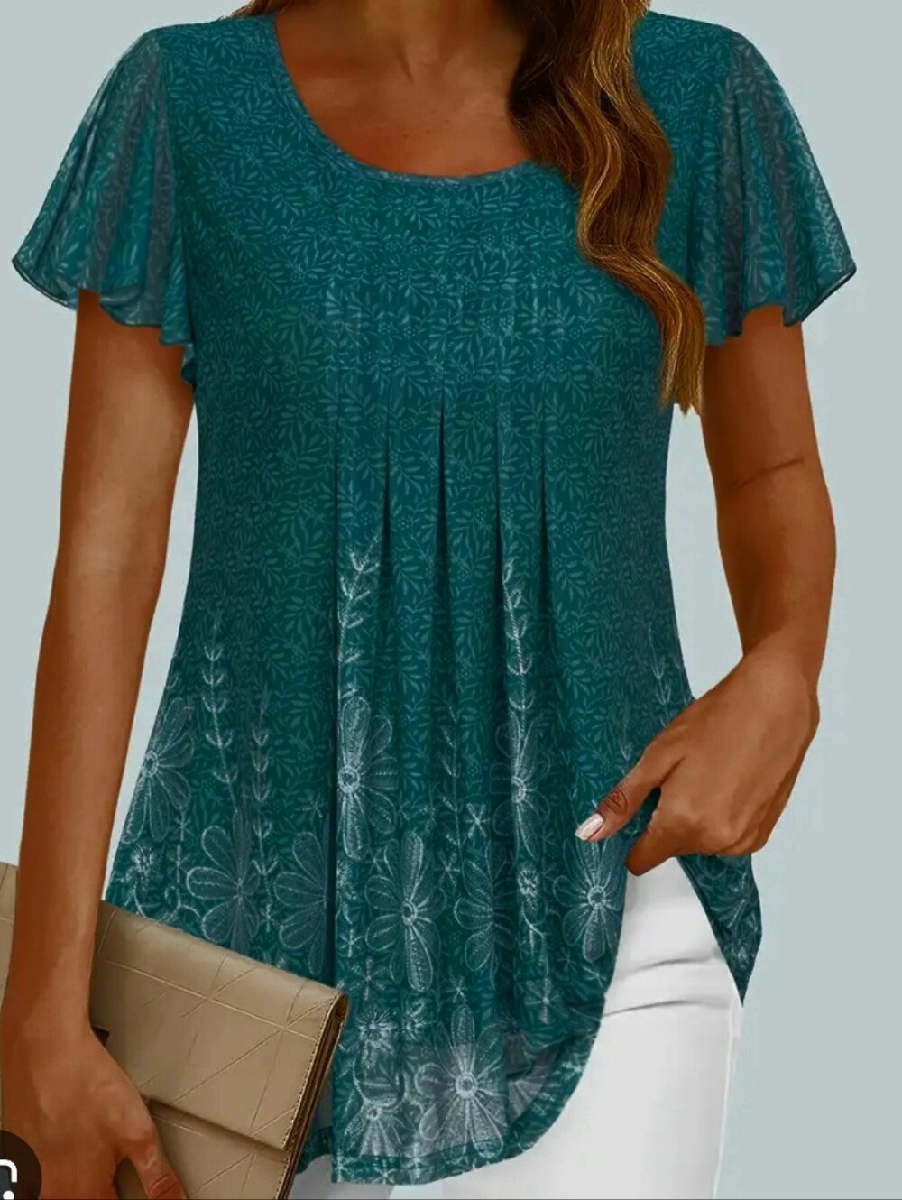 NWT Timeson Women's DARK Teal Floral Short-Sleeve Top